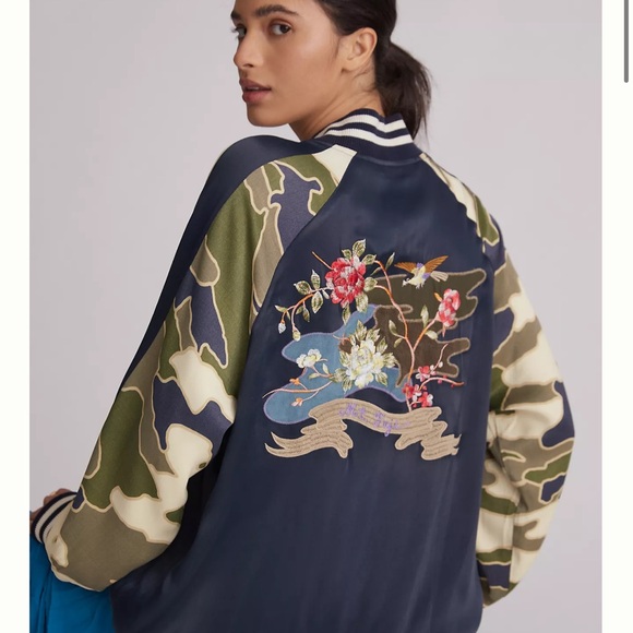 Anthropologie Jackets & Blazers - Anthropologie Navy Floral Embroidered Bomber Jacket